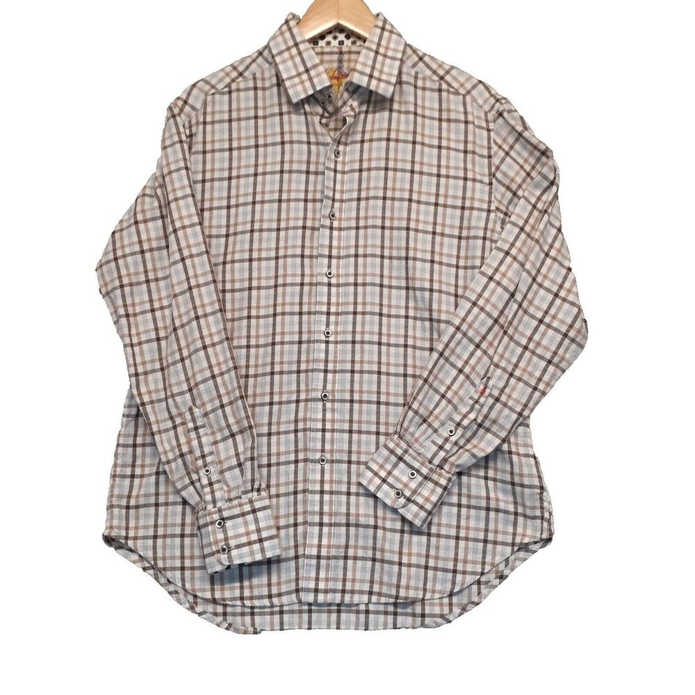 Robert Graham Mens Sz L Button Up Brown Plaid Check Flip Cuff Long Sleeve Shirt